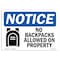Signmission OSHA Notice Sign, 7" H, Rigid Plastic, No Backpacks Allowed On Property Sign With Symbol, Landscape OS-NS-P-710-L-14385 - alternate 1